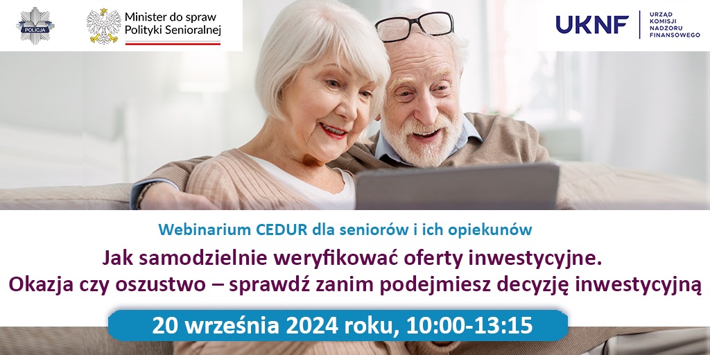 Grafika - Urząd KNF - webinarium CEDUR dla seniorów i ich opiekunów - 20 września 2024 roku